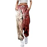 Generisch 2 Farbige Hose Damen Halloween Damen Casual Athletic Elastic High Waist Kordelzug Lange Hosen Sportswear Hosen Leggings mit Tasche Damen Hose Schwarz Mit Taschen An Seiten (Khaki, S)