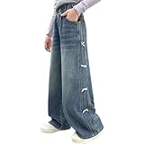 Mädchen Baggy Jeans Mit Elastischer Bund Loose Straight Denim Hosen Kinder Weites Bein Jeanshose Mit Schleife Y2K Vintage Jogginghose Lässig Cargo Denimhose Thermo Sporthose (Blue-2, 5-6 Years)