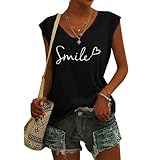 Damen Oberteile Sommer Damen T-Shirt, T Shirt Damen Sommer Ärmellose V-Ausschnitt Bluse Elegant Locker Top Basic Einfarbig Stretch Tunika, Bedrucken T Shirts Streewear Bequeme Blusenshirt Leicht Und L