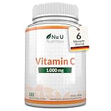 Vitamin C 1000mg Hochdosiert - 180 Vegane Tabletten für 6 Monate - Vit C als L-Ascorbinsäure - Nu U Nutrition