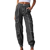 Arbeitsjeans für Damen, modische lässige elastische Taille lockere Hosen für Damen Weise Jeanshosen Damen Günstig (Black, M)