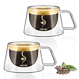ecooe 120ml Espressotassen Glas Doppelwandige Espresso Gläser 2er Set, Borosilikatglas Kaffeetassen Glas Kaffeegläser Teegläser Espresso Tassen Set mit Henkel für Tee, Milch Geschenk für Frauen
