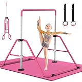 DOBESTS Gymnastikstange Kinder, Faltbarer Turnreck mit Rings und Matte Reckstange Indoor, Gymnastics Bars mit Verstellbarer Höhen(Rosa mit Matte)