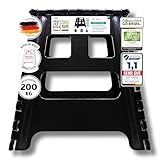 VERGLEICHSSIEGER - Alason® Tritthocker Klappbar 39cm, Belastbar bis 200kg – Mit Aufhängehaken & Aufbewahrungstasche – Platzsparender, Faltbarer Hocker in Anthrazit/Schwarz für Zuhause, Küche & Bad