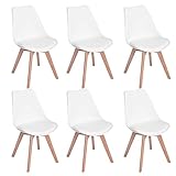 EGGREE 6er Set Esszimmerstühle mit Massivholz Buche Bein, Retro Design Gepolsterter Stuhl Küchenstuhl Holz, Weiß