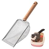 Hshenjhu Katzenklo Schaufel, Edelstahl Katzenstreuschaufel, Katzenstreu Schaufel mit Holzgriff, Metall Katzenstreu Schaufel 5mm Lochabstand, Geeignet für Alle Arten von Katzenstreu (27,3 x 10 x 5 cm)