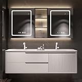 Wandmontiertes Doppelwaschbecken mit LED-Spiegelschrank, moderne weiße Möbel, 140 cm, stilvolle und funktionale Badezimmer-Aufbewahrungslösung