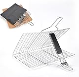 CYEER Grillkorb Fischbräter Edelstahl, Fisch Grillen Gitter, Fisch Grillhalter für den Außengrill mit abnehmbarem und klappbarem Griff Inklusive Edelstahl Heizpinsel und Tragetasche, 35x22CM