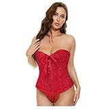 XZQTIVE Damen Bustier Korsett Spitze Up Boned Overbust Bustier Gothic Corsage Dessous Top,Rot,S