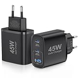 2er-Pack USB C Ladegerät 45W Netzteil GAN für iPhone/Samsung Galaxy S25/S24/S23/S22/S21 iPhone 16/15/14/13/12/11 Pro Max,3 Port Typ C USB Mehrfach PPS Schnellladegerät (Schwarz)