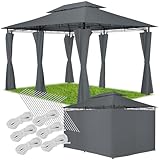 tectake® Luxus Pavillon 3x4, Gartenpavillon mit 6 Seitenteilen, wasserabweisend und UV-beständig, abgesetztes Dach, Pavillon inkl. Spannseile und Heringe, Partyzelt für Garten und Terrasse - anthrazit