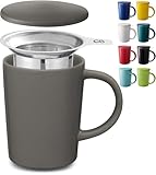 Cosumy Teetasse mit Sieb und Deckel - Keramik Anthrazit - Hält Lange warm - 400ml Groß - Spülmaschinenfest