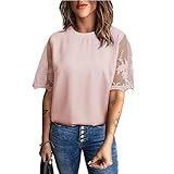 Einfarbige Bluse mit Rundhalsausschnitt, Polyester-Baumwolle, Elegantes Spitzen-Kurzarm-T-Shirt für Damen, Stilvoll, Atmungsaktiv für den Urlaub (L)