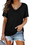TrendiMax Damen T-Shirt V Ausschnitt Kurzarm Sommer Shirt Loose Fit Casual Oberteile Bluse Tops Basic Tee Shirts (XL, Schwarz)