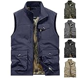Herren-Weste mit Reißverschluss, einfarbig, mit Taschen, Fotografie-Mesh-Outdoor-Weste, stilvoll, vielseitig, lässig, leicht, ärmellos, einfarbig, lockere Passform, khaki, M