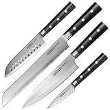 Culinaris - Messer-Set - Kochmesser CB-08 + Santoku CB-04+ Brotmesser CB-09 + Schälmesser CB-01 Black Serie, Klingen aus hochwertigem Edelstahl, dreifach genieteter ergonomischer Hartharz Griff