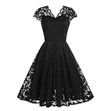 Odizli Rockabilly Kleider Damen 50er Jahre Vintage Elegant Sommer Kurzarm V-Ausschnitt Spitzenkleid A-Linien Knielang Swing Coctailkleid Festlich Hochzeit Hochzeitsgäste Kurz Abendkleid Schwarz S