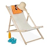 Relaxdays Liegestuhl Holz, Holz Strandliege mit Stoffbezug, klappbar & verstellbar, für Garten, Strand & Balkon, beige