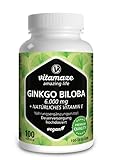 Ginkgo Biloba Kapseln hochdosiert 6000 mg vegan Gingko Biloba Extrakt 50:1, 100 Kapseln für 100 Tage Dauerversorgung, Nahrungsergänzung ohne Zusätze, Made in Germany