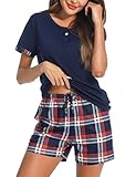 Irdcomps Schlafanzug Damen Pyjama Kurz Shorty Sommer Baumwolle Nachtwäsche Sexy Schlafanzüge Set Karierter Kurzarm mit Shorts Blau L