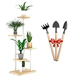 Blumenständer metall - Pflanzenregal Holz - Pflanzenständer mit Werkzeuge als Geschenk -Blumentreppe indoor 4 Etagen Größe 85x23x35 cm