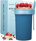 Mitsemmo Müslibecher to Go 760ml+230ml,Joghurtbecher to Go mit Löffel,Müsli Cup to Go Becher,Cornflakes to Go,Müslibecher Müslidose Müslischale Frühstücksdose Müslibox,Joghurt Box to Go Becher (Blau)