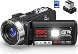 Videokamera 8K 64MP Camcorder 18X Digital Zoom IR-Nachtsicht WiFi Videokamera für YouTube 3,0 Zoll Touchscreen Vlogging-Kamera mit 32 GB SD-Karte, 2,4 G-Fernbedienung, Batterien und Externem Mikrofon
