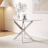 GOLDFAN Glas Esstisch Küchentisch Glastisch Silberne Metalltischbeine Moderner Stil Quadratischen Tisch für Büro Küche 110cm