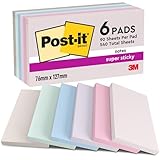 Post-it Super Sticky Notes, Packung mit 6 Blöcken, 90 Blatt pro Block, 76 mm x 127 mm, Pink, Lila, Grün, Grau, Blau - Extra-stark klebende Notizzettel für Notizen, To-Do-Listen und Erinnerungen