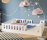 CADANI 2in1 Monte Bodenbett 140x200 cm Montessori Kinderbett weiß, Rausfallschutz abnehmbar, 52 kg schwer, bis 200 kg belastbar, extra starker Roll-Lattenrost, umbaubar