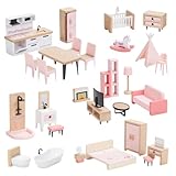 Giant bean Puppenhaus Möbel Set aus Holz, 32 Teilig, Puppenhaus Zubehör, Spielmöbel, Spielzeug für Jungen, Mädchen und Kleinkinder ab 3 Jahren, Rosa