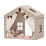 EROMMY 2-in-1 kinderzelt mit Matte, bunten Fahnen und Leuchtstreifen, Doppeltür-Design Zelt kinderzimmer für drinnen mit Dachfenster,Spielhaus für 3+ Jahre Braun