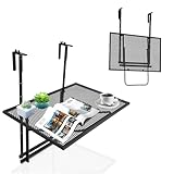 KOMFOTTEU Balkonhängetisch zum Einhängen, klappbarer Servicetisch, Balkontisch 60,5 cm x 48 cm (L x B), bis 20/23 kg belastbar, Hängetisch aus Eisen, Schwarz (Höhenverstellbar)