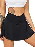 HAWILAND Tennisrock Damen - Hosenrock Crossover Waist V-Bund Tennis Skort mit Taschen Golfrock für Radfahren Wandern Laufen #1 Schwarz L