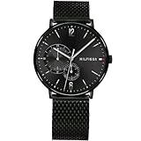 Tommy Hilfiger Herren 40mm Analoge Multifunktions-Quarz-Uhr - Schwarzes Zifferblatt, Edelstahl-Mesh-Armband mit schwarzer IP, 2 Sub-Dials, 3ATM Wasserbeständigkeit - 1791507