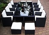Ragnarök PolyRattan Essgruppe DEUTSCHE Marke - EIGNENE Produktion - Tisch 8 Stuhl 4 Hocker - 8 Jahre GARANTIE auf UV Beständig - Garten Möbel Glas Polster Möbeldesign schwarz Aluminium Rostfrei