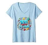 Damen Lernkugel für Schüler und Kinder, 100 Tage T-Shirt mit V-Ausschnitt