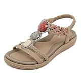 Acfoda Bohemian Sandalen Damen Sommer Flach Strass Sandaletten Elegant Bequem Offene Sommerschuhe mit Weiches Fußbett Beige 39 EU = Herstellergröße 40