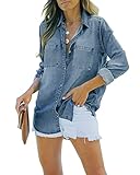 Feziakuk Damen Jeanshemd Button Down Jeansbluse Langarm Weich Denim Hemd Casual Jeansjacke Frühling Herbst Oberteile mit Brusttaschen, Denimblau S