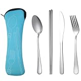 Goufride 4-Teiliges Set Tragbares -Steakmesser-Set Aus Edelstahl, Reisebesteck mit Tasche, Hellblau