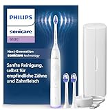 Philips Sonicare 6100 elektrische Zahnbürste, Schallzahnbürste mit 2 Putzmodi, 3 Intensitätsstufen, Andruckkontrolle, EasyStart, SmarTimer, Reiseetui, Weiß, Modell HX7400/02 [Neue Technologie]