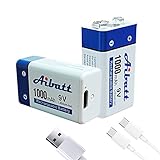 Aibatt 9V Block Akku 1000mAh,mit Ladeanschluss Typ C,Li-ion 6F22 Wiederaufladbare Batterie für Mikrofon,Rauchmelder,elektronisches Spielzeug,Walkie-Talkie,Rauchmelder,9V Blockbatterien(2 Stück)