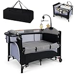DREAMADE Reisebett mit Matratze, 5 in 1 Beistellbett Baby mit Rollen & Wickelauflage & Spieluhr, 110×76cm Babybett mit Tragetasche, für Neugeborene & Baby (Grau)
