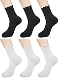 Bencailor 6 Paar Damen Söckchen mit Rüschen, Wendemanschetten, Wellensocken, Solide Rüschensocken Schule Socken Damen, Schwarz Weiß
