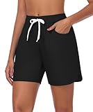 LYRIKER 6' Badeshorts Damen, High Waist Wasserabweisend Badehose, Quick Dry Schwimmhose mit Taschen Bikini Shorts Schwarz XL