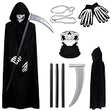 Ligtmor Halloween Kostüm Herren, Sensenmann Kostüm Herren, Bestehend aus Sensenmann Umhang, Halloween Sense und Handschuhen, Ketten und Halloween Maske für Halloween Party Cosplay