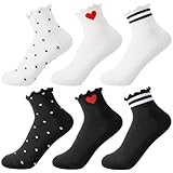 Utensilsto 6 Paar Socken mit Rüschen Damen Gestreifte Rüschen Socken Weiß Schwarz Gestrickt Crew Socks EU 35-40, Knöchelsocken Atmungsaktives Süße Muster Rüschensocken für Damen Mädchen
