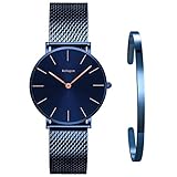 Kubagom Damen Uhren Analog Quarz Edelstahl Wasserdicht Mesh Ultradünne Set mit Armreif