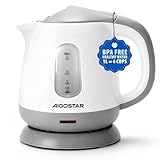 Aigostar Juliet- Wasserkocher Klein 1 Liter, 1100W, Niedriger Stromverbrauch, BPA-Frei, Mini Wasserkocher für Schlafzimmer, Reisen, Camping, Büro, Kompakt & Leicht, Abnehmbarer Filter, Weiß Grau