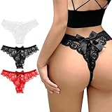 Telooco Spitzenhöschen Damen 3er Pack Braut Spitzen Tanga Sexy Spitzenhöschen Unsichtbarer Sexy Spitzen String Damen Unterwäsche Spitze Tangas mit Spitzenschleife (Schwarz Weiß Rot, M)